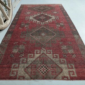 4x7.9 Roter Läufer, Türkisch Geometrisch, Vintage Läufer, Wolle, Handgemachter Oushak Läufer, Boho Läufer, Langer Läufer, Rote Teppiche, Distressed Teppiche