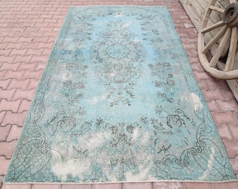 5.3x9.6, TEAL Blue TURKISH VINTAGE Rug, Distressed Rug, Area Rug, Oushak Rug, Wool Rug, Room Decor, Floral Rug, Living Room Rug, Turquoise