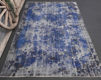 7x10 BLUE Distressed Modern Area Rug, Turkish Muted Handmade Rug, Vintage Turkish Carpet, Brown, Wool Rug, Decor Modern Mid century