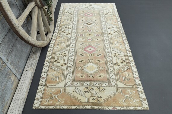 90x200 VINTAGE TÜRKISCHER Teppich, Teppich, Wollteppich, Handgeknüpfter Used Look, Braun Beige Rosa Motiv Vintage Teppich