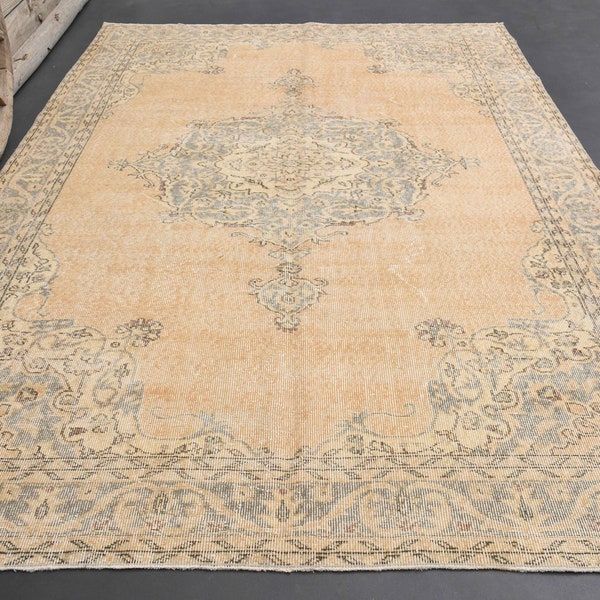 7x11 TURKISH VINTAGE Rug, Faded Peach Orange Brown Oushak Rug, Area Rug, Distressed Rug, Floral Rug, Turkish Rug Extra Large, Boho Decor