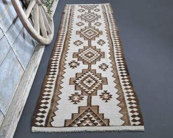 3x10.1 RUNNER RUG, White Brown Rug Runner, Turkish Vintage Runner Rug, Oushak Runners Rug Long, Bedroom Decor, Farmhouse Rugs, Hallway Rugs