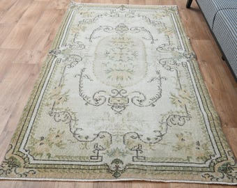 3,5x6,7 ft, HISTORISCH, Türkischer Vintage Teppich, Beige Grüner Teppich, Oushak Teppich, Kelimteppich, Kelimteppich, Wollteppich