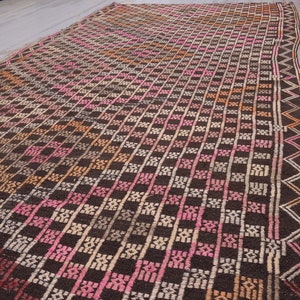 4.6x9.3, Turkish Kilim Flatweave Pink Runners, Vintage Kilim, Oushak Suffe Art, Handmade, Hallway Runner Turkish Narrow Area Rug Pink Brown