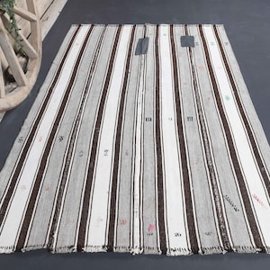 4.3x6.6 TURKISH Kilim Gray Rug, Striped Flatweave Geometric, Handmade, Room Decor, Grey Living Room Rug, Turkey Rug Vintage Distressed Gray