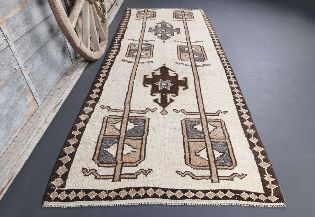 3.9x10.3 Beige WOOL VINTAGE Runner, Throw Rug, Turkish Runner, Bohemian ...