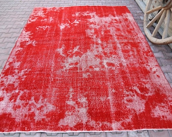 7x9.1, TURKISH Red Rug, OVERDYED RED, Vintage Rug, Wool, Bohemian, Living Room Rug, Area Rug, Handmade, Oushak Rug, Distressed Modern Room