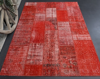 5.6x8 HOT RED, PATCHWORK Turkish Rug, Area Rug, Vintage Rug, Handmade Rug, Wool Rug, Oushak Rug, Patch Rug, Living Room Rug, Boho Rug, Etsy