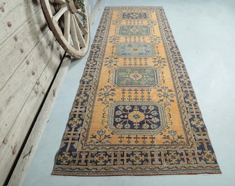 手織りトルコ製ランナーラグ：オレンジグレーヴィンテージ廊下用