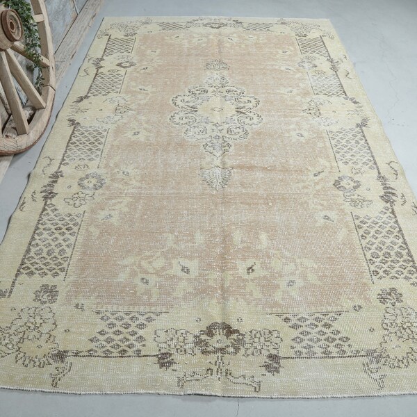 6.1x10 Beige Vintage Turkish Oushak Rug, Brown Oriental, Floral, Wool, Handmade, Ivory Farmhouse Decor, Living Room Rug, Natural Faded
