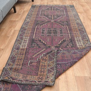3.5x10.4 ft, TURKISH PURPLE Runner, Vintage Rug Runner, HALLWAY Kitchen Rug, Wool, Handmade, Oushak Runner, Bohemian 3x10 Runner, Oriental