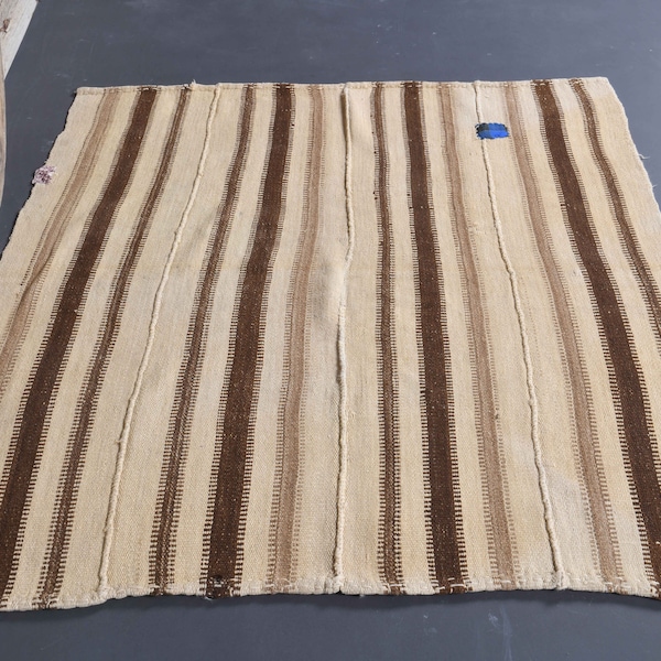 4.3x5.1 Faded Pastel Beige Area Turkish Rug, Striped Kilim Flatweave Handmade Area Natural Carpet, Teppich, Alfombra, Brown Line, Beige Rugs