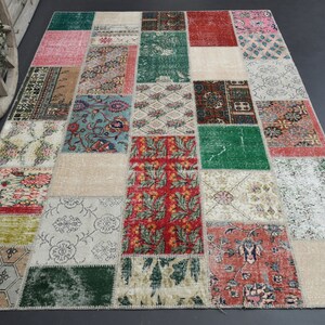 Tappeto turco vintage 6,6x9,8, tappeto patchwork Oushak, tappeto a righe, camera da letto beige, rosa e blu, tradizionale, tappeto fatto a mano, tappeto minimalista
