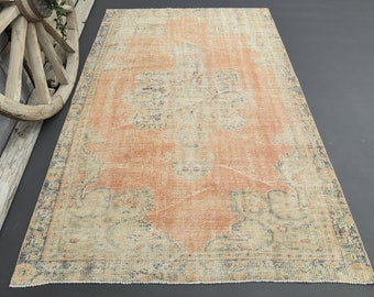 4.8x7.5 TURKISH VINTAGE Rug, Faded Orange Motif Oushak Rug, Area Rug, Hand-knotted, Wool, Brown Motifs, Faded Neutral, Floral, Silver Carpet