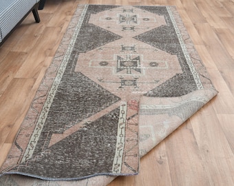 3.4x11.4 TURKISH RUNNER, Pink Brown Runner, Vintage Oushak Runner, Hallway Runner, Stair Corridor Runner, Historic Runner, Geometric Runner