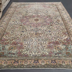 6'5x9'9 türkischer Teppich, Verblasster Beige Rosa Grün, VINTAGE Teppich, Oushak Teppich, Wohnkultur, Handgemachter Oriental Persischer Teppich, Wollteppich