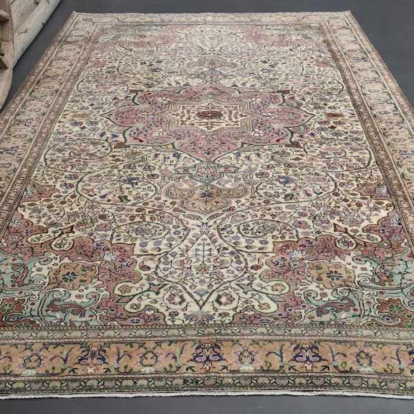 6'5x9'9 tapis turc, beige délavé rose vert, tapis VINTAGE, tapis Oushak, décoration d'intérieur, tapis décoratif persan oriental fait main, tapis en laine, tapis