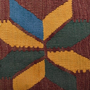 May include: Close-up of a woven fabric with a geometric pattern in shades of brown, yellow, green, and blue.
