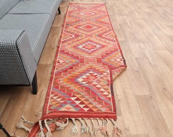 7x3m, BUNTER TRIBALläufer, Vintage Teppichläufer, Türkischer Teppich, Oushak Handgemachter Wollteppich, Orange Roter Läufer