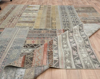 8'3x10'3 ft, TURKISH PATCHWORK RUG, Live Color Decor, Vintage Wool Rug, Beige Brown Faded Decor Rug, Oversized Large Rug, Minimalist Rug