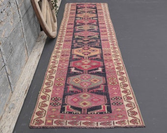 2.8x11.2 TURKISH VINTAHE RUG, Pink Turkish Vintage Rug, Bohemian Wool Area Rug, Home Decor, Flat-weave, Neutral Beige Hallway Perfect Boho