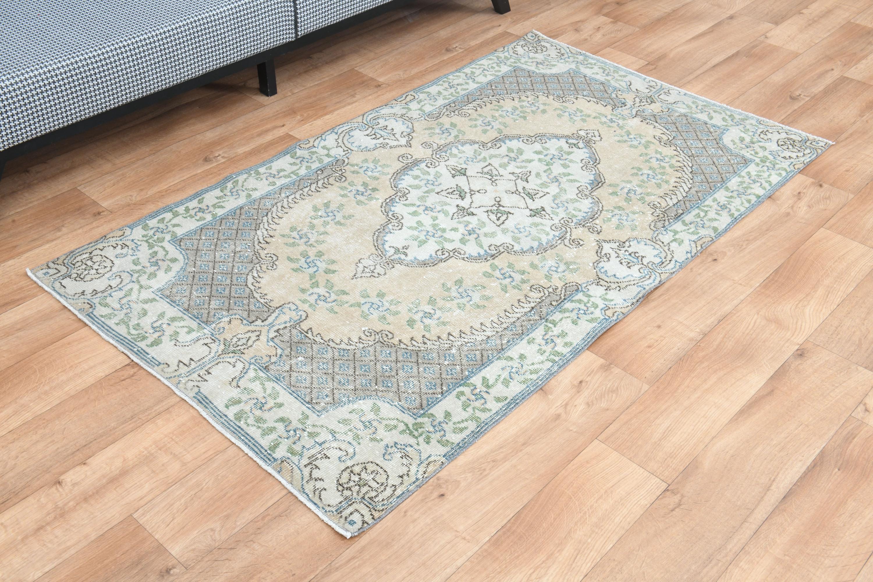 4x6 ヴィンテージ トルコ製ラグ、色あせたオレンジグリーンラグ