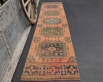 3x12 TURKISH VINTAGE RUNNER, Orange Wool Minimalista Runner, Hand-Knotted Runner, Shabby Chic Decor, Designer, Motif, Distressed Runner Rug