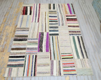 6.5x10 White Ivory Turkish Kilim, Flatweave Patchwork Rug, Vintage Cotton Rag rug, Gray Area Rug, Floor Decor, Turkish Rug, Farmhouse Style