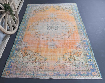 6.1x9.7 TURKISH RUNNER, Pastel Orange Wool, Area Rug Peach Large Bathroom Home Decor, Boho Chic, Farmhouse Central Medallion Livingroom Rugs