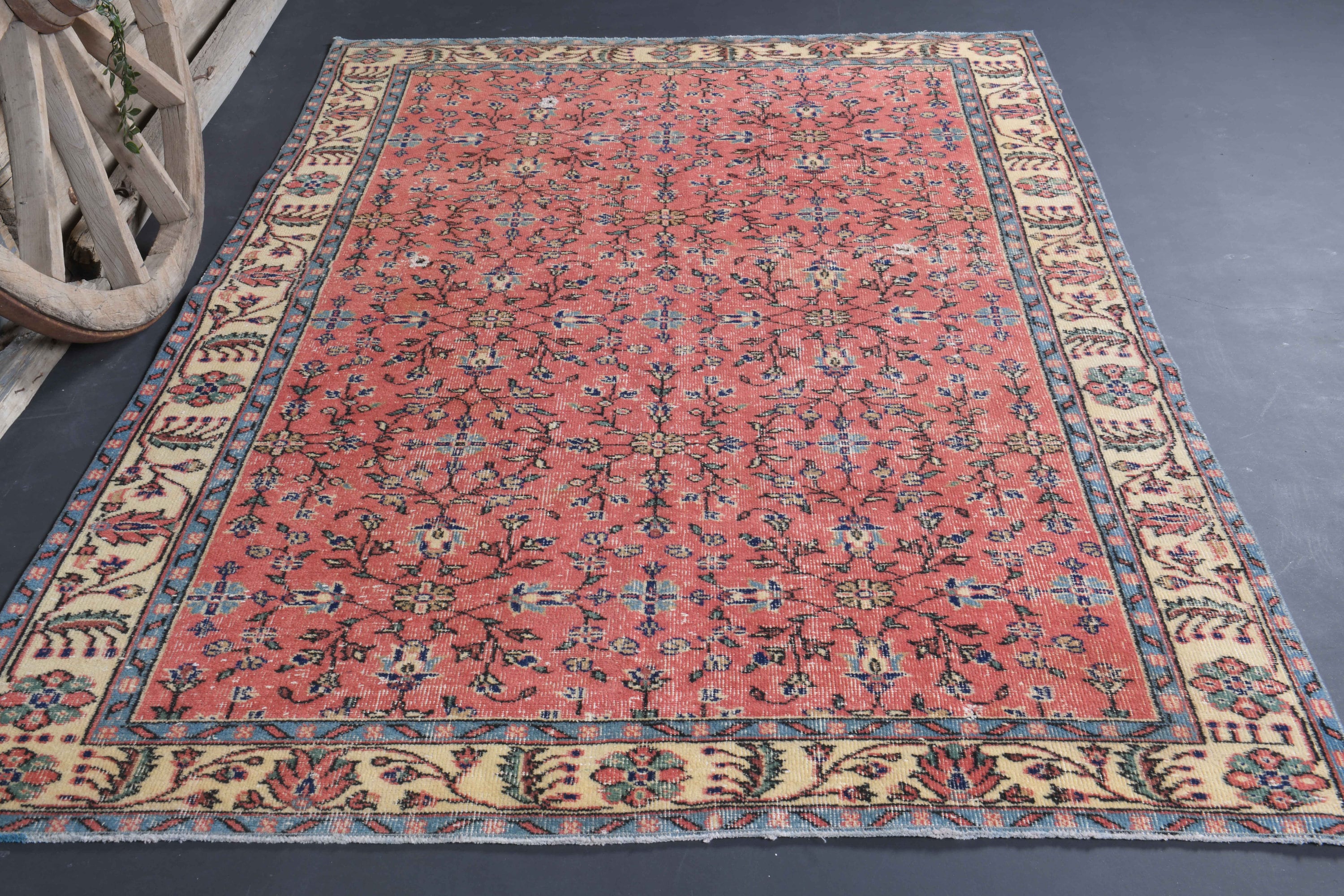 5.4x8.7 Tapis Turc, Tapis Oushak Bleu Rose, Zone, Traditionnel Fait à La Main, Floral, en Laine, Géo