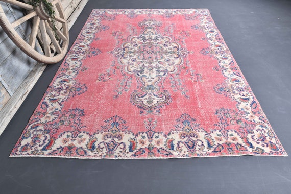 7.1x10.2 Distressed Turkish Area Rug, Pink, Lavender Motif Vintage Living Room Wool Rug, Turkey Rug, Handwoven Rug, Hand knotted Home Decor