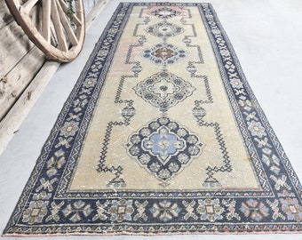 4'4x11'3 ANTIQUE Runner Beige, Pastel Rug, Navy Blue Turkish Runner Oushak Hallway Runner, Kitchen Runners Rugs, Turkish Carpet Alfombra