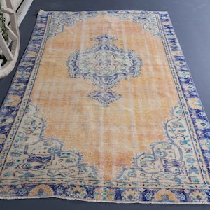 5.2x8.1 Turkish Rug, Hand-knotted Faded Orange Navy Blue Oriental Vintage Oushak Wool Handmade, Area Rug, Room Decor, Turkish Rugs, Carpet