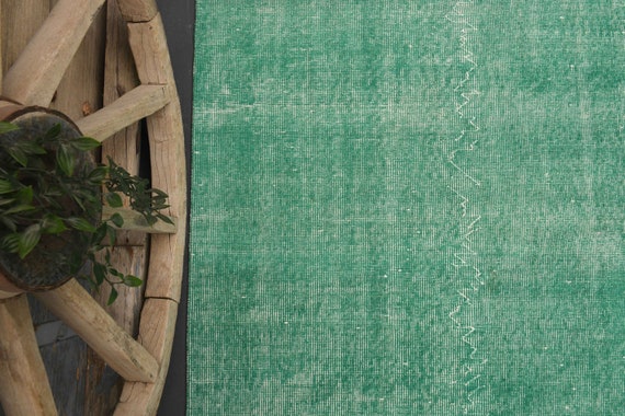 3.8x6.8 Ft, VINTAGE RUG, Solid Claret Green Rug, Green 3.8x6.8 Ft, VINTAGE RUG, Solid Claret Green Rug, Green