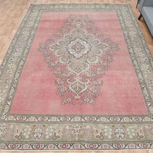 9.5x12.9 ft, TURKISH VINTAGE Rug, Pink Green Brown Decor, OUSHAK Distressed Area Rug, Oriental Bohemian Carpet, Rug One-of-a-kind Oriental