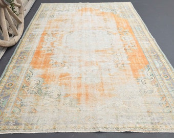 6.3x9.7 TURKISH Faded Orange VINTAGE Area Rug, , Home Decor, Handmade Oushak Rug, Ethnic, Bohemian Turkey Rug Distressed Faded Turquoise