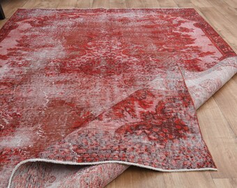 5'4x8'5 RED TURKISH RUG, Distressed Wool Rug, Vintage Rug, Oushak Rug, Muted Area Rug, Handmade Neutral Rugs, Boho Chic, Minimalist Rug