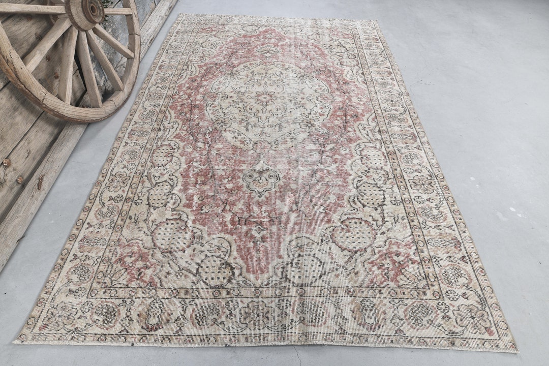 6x9.9 ヴィンテージ トルコ製ラグ、ナチュラルベージュ アンティーク調