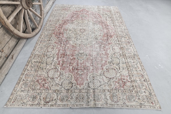 トルコ　ヴィンテージ ラグ　ピンク　ベージュ　ブラウン 6x9.9 ヴィンテージ トルコ製ラグ、ナチュラルベージュ アンティーク調