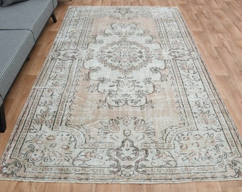 6x9.9 ft, TURKISH VINTAGE RUG, Faded Orange Floral Faded Rug, Oushak Distressed Area Rug, Oriental Bohemian Rug, One-of-a Kind, Tribal Rug