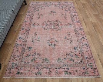 4.4x7.5 ft, ORIENTAL PINK RUG, Handmade Vintage Rug, Turkish Rug, Oushak Rug, Area Rug, Wool rug, Shaby, Rug for living room, Carpet