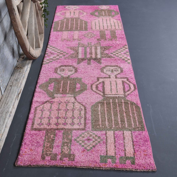 2.7x9.3 TURKISH RUNNER, Pink Rugs Brown Motif Vintage Oushak Runner, Kitchen Runner Rug, Home Decor, Farmhouse Rug, Boho Chic, Human Figure