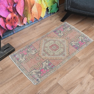 1,7 x 3,3 pi, tapis TURC VINTAGE, carpette, tapis oushak, tissé à la main, tapis beige rose, tapis en laine vieillie, petit tapis, décoration d&#39;intérieur, petite cuisine