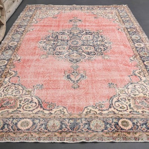 6.9x9.8 Turkish Rug, Sweet Pink Area Rug, Oushak Rug, Blue, Home Decor, Bedroom Decor, Farmhouse, Room Distressed, Hand-knotted Rug, Faded