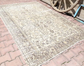 5.4x8.3, Turkish Oushak Rug, Floral Rug, Area Rug, Wool Rug, Room Decor, Living Room Rug, Turkey Rug, Handmade, Faded Beige Brown Motifs