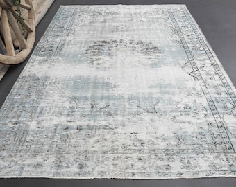 Tappeto decorativo 6,2 x 9 piedi, azzurro marrone, tappeto vintage, tappeto orientale in lana sbiadita e invecchiata, tappeto da soggiorno UNICO nel suo genere, tappeto
