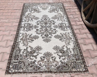 3.8x7.1, TURKISH Vintage Rug, Gray Area Rug, White, Ivory, Gray, Brown, Oriental Rug, Traditional Rug, Wool Rug, Rugs, Kitchen Throw Rug