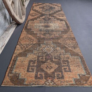 2.8x9.4 Turkish Vintage Rug, Distressed Brunt Orange Brown Runner Rug, Faded Geometric Throw Rug, Handmade Runner Distressed Brown Motif