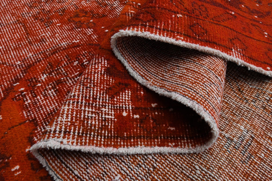 7x10 RED ORANGE, Turkish Vintage Rug, Distressed Mid Century Art Deco ...