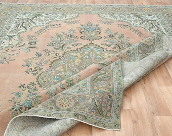 9.5x12.6 ft, LUXURY DECOR, Faded Orange Area Rug, Vintage Persian Rug, Oriental Rug, Large Rug 10x13, Area Rug, Floral Rug, Handmade Rug